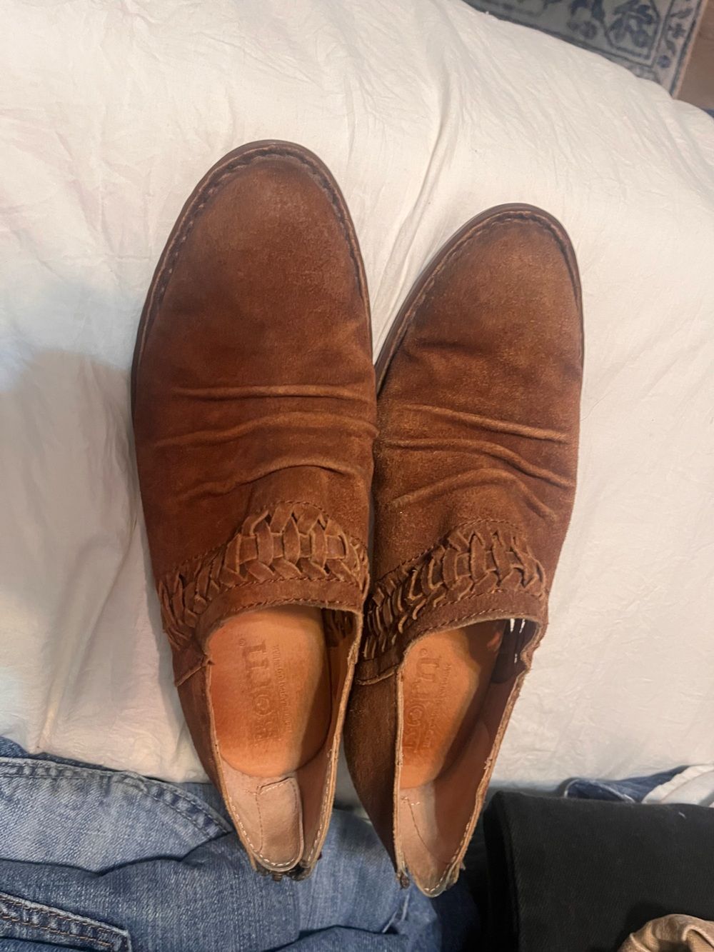 Born women’s Brown Suede Ankle Booties with Woven Detail
